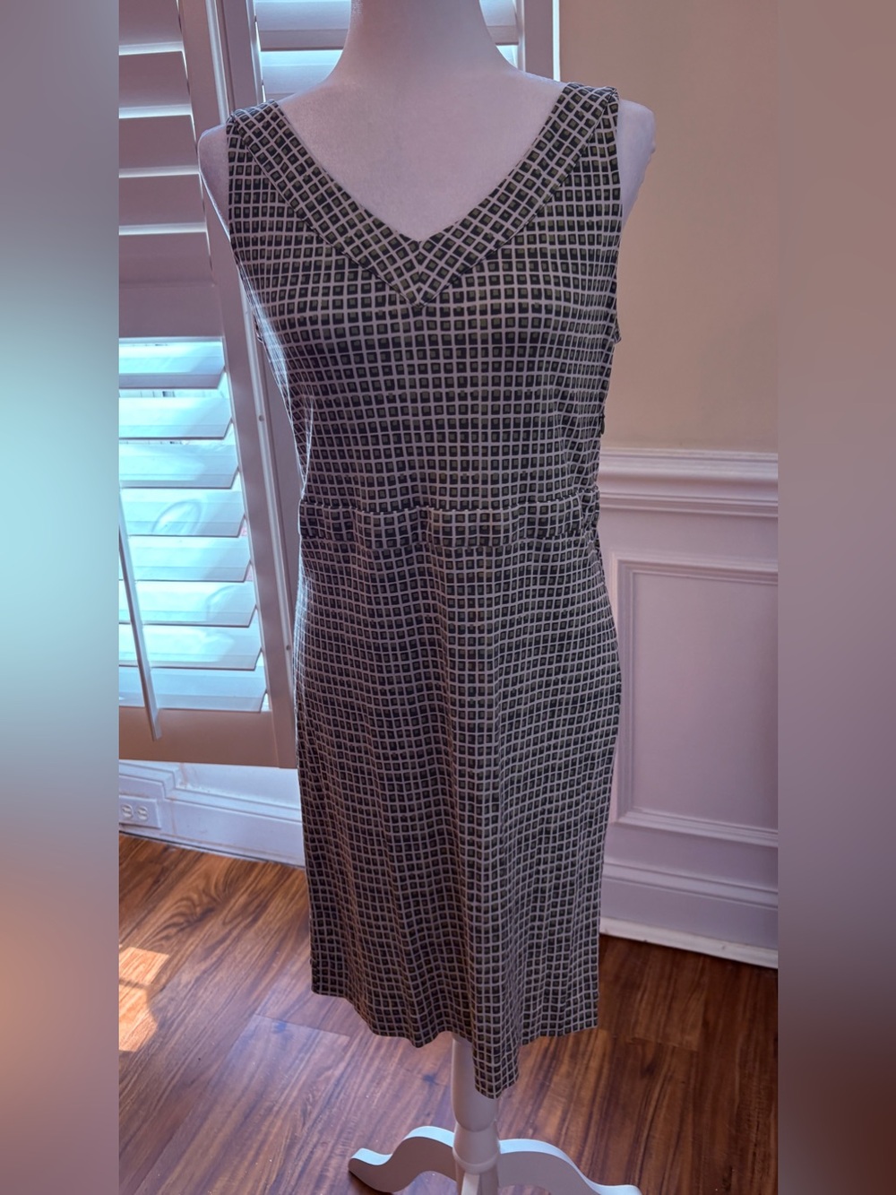 Tory Burch Green and White Grid V-Neck Midi Silk Dress